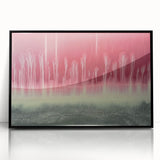 Framed acrylic artwork showcasing an abstract landscape design with vibrant colors and dynamic shapes, set against a sleek black frame for modern decor.