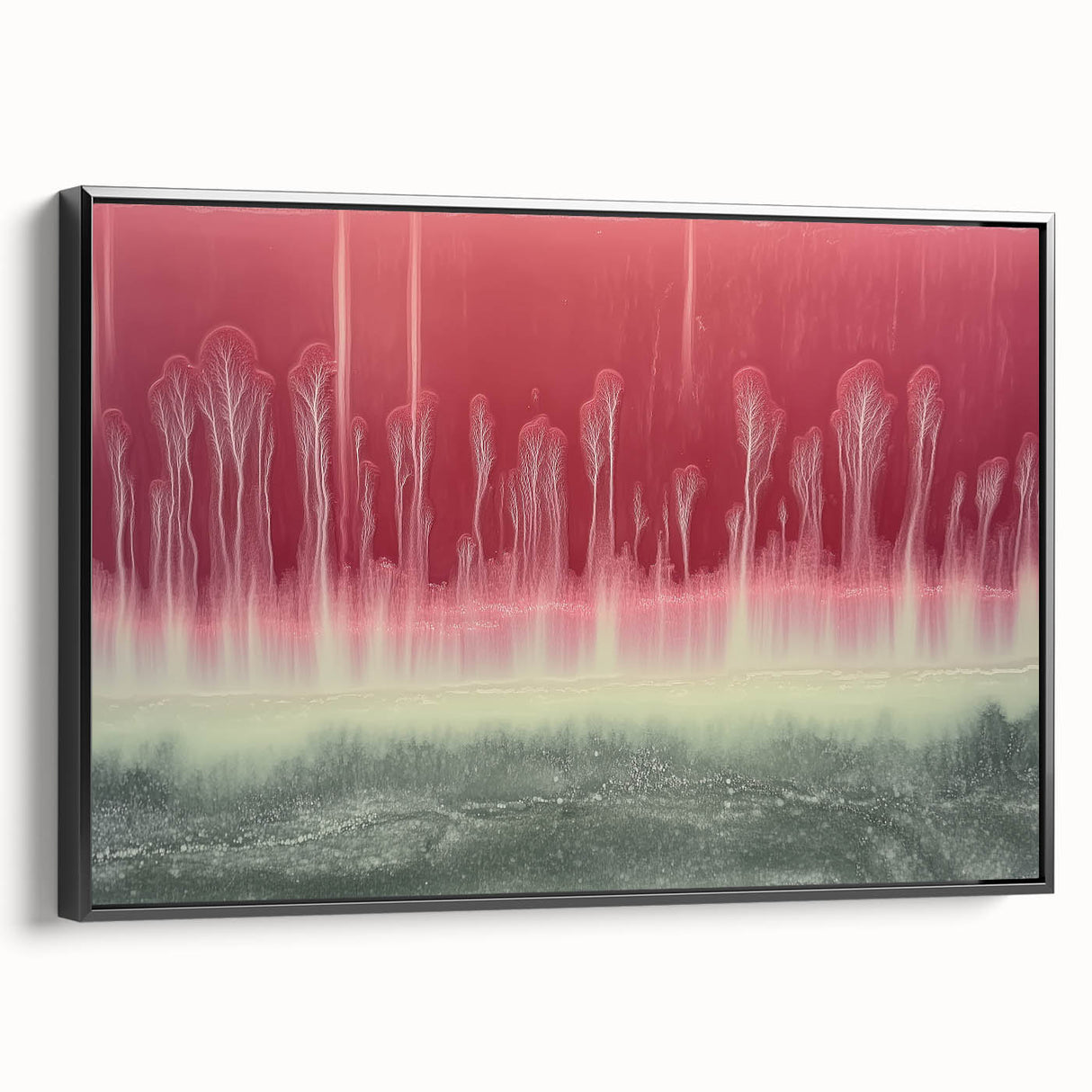 Framed abstract landscape canvas artwork showcasing vibrant colors and fluid shapes, designed for modern decor. Black frame enhances artistic depth. Ideal for contemporary home or office settings.