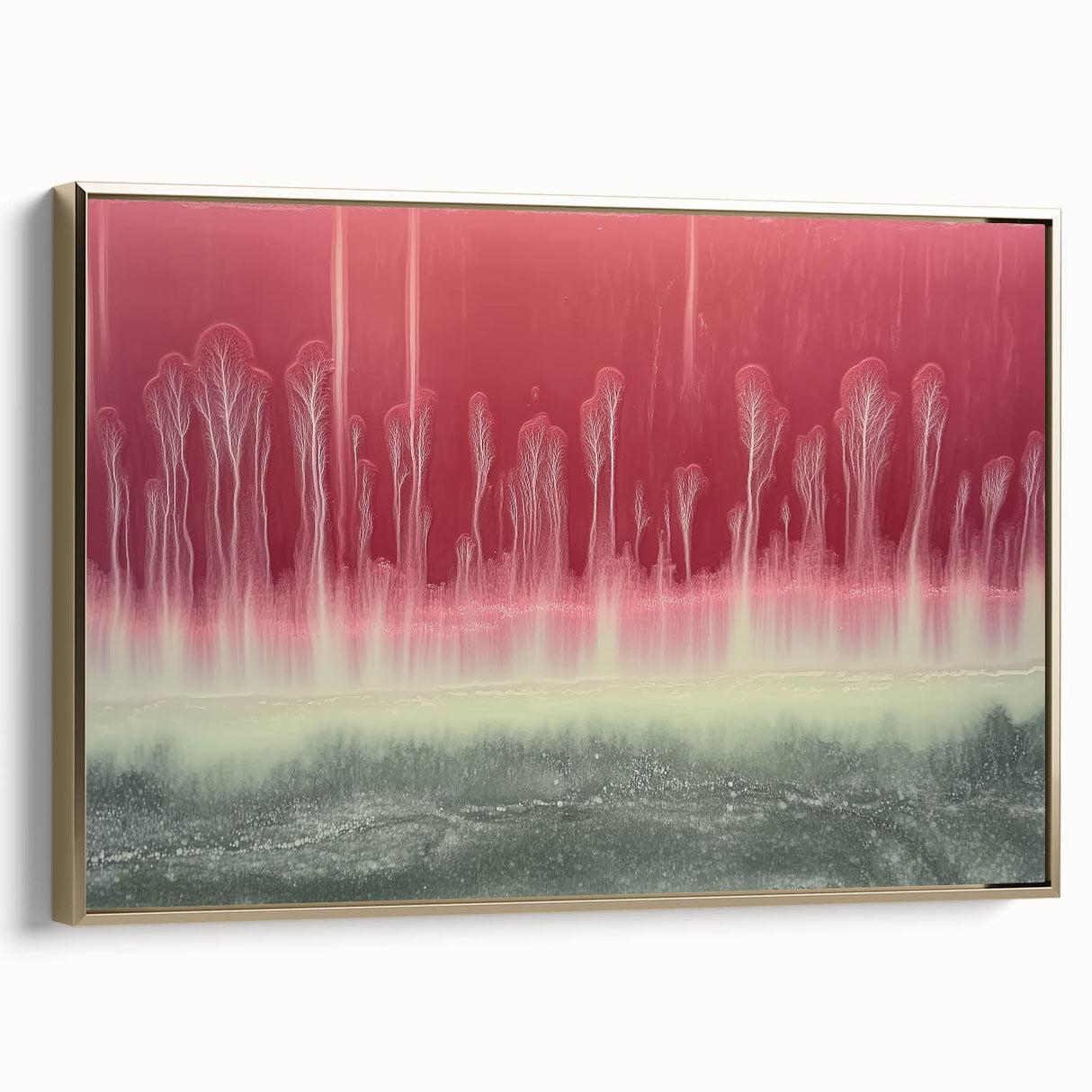 Framed abstract landscape canvas art with gold accents, showcasing a serene view of rolling hills and a sunset, perfect for modern home decor.