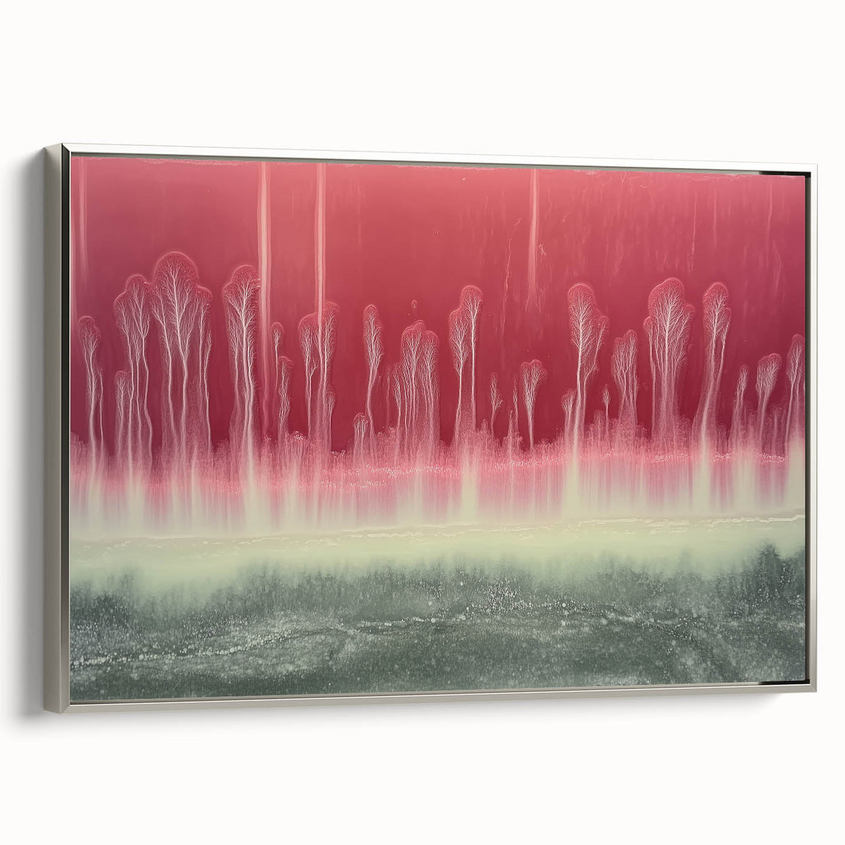 Framed abstract landscape canvas artwork with a silver frame, showcasing vibrant colors and fluid shapes, perfect for modern home decor and artistic ambiance.