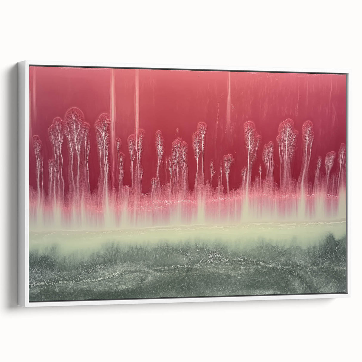Framed abstract landscape canvas artwork showcasing a serene white and gray color palette, emphasizing modern decor aesthetics in a contemporary home setting.