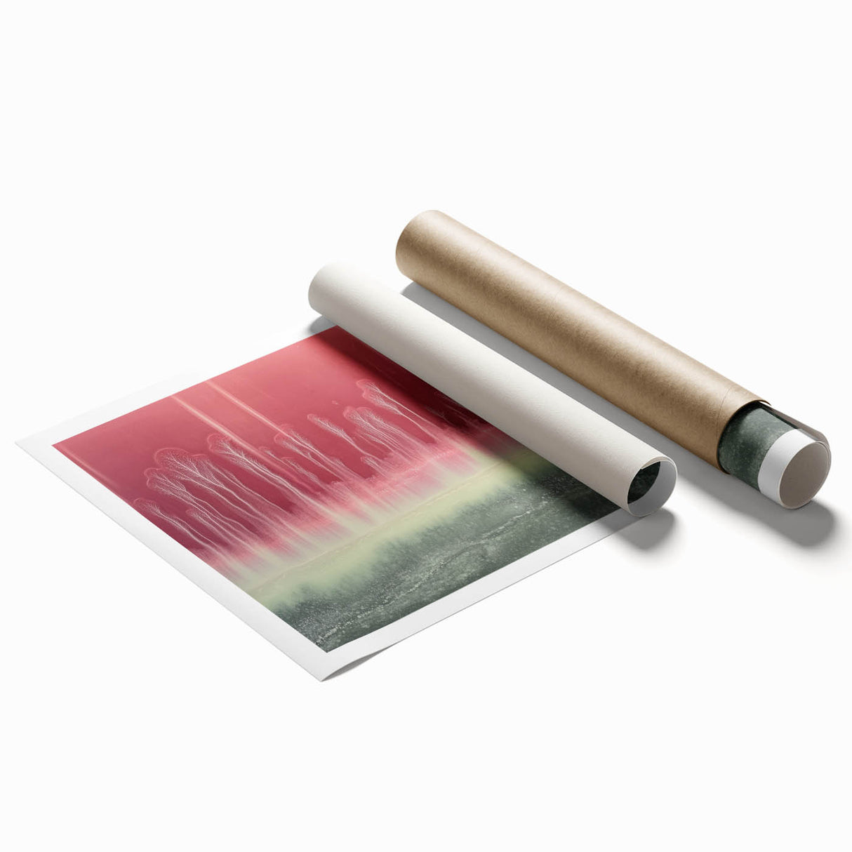 Abstract landscape rolled print showcasing vibrant colors and fluid shapes, ideal for modern home decor. Packaged securely in a protective cardboard tube.