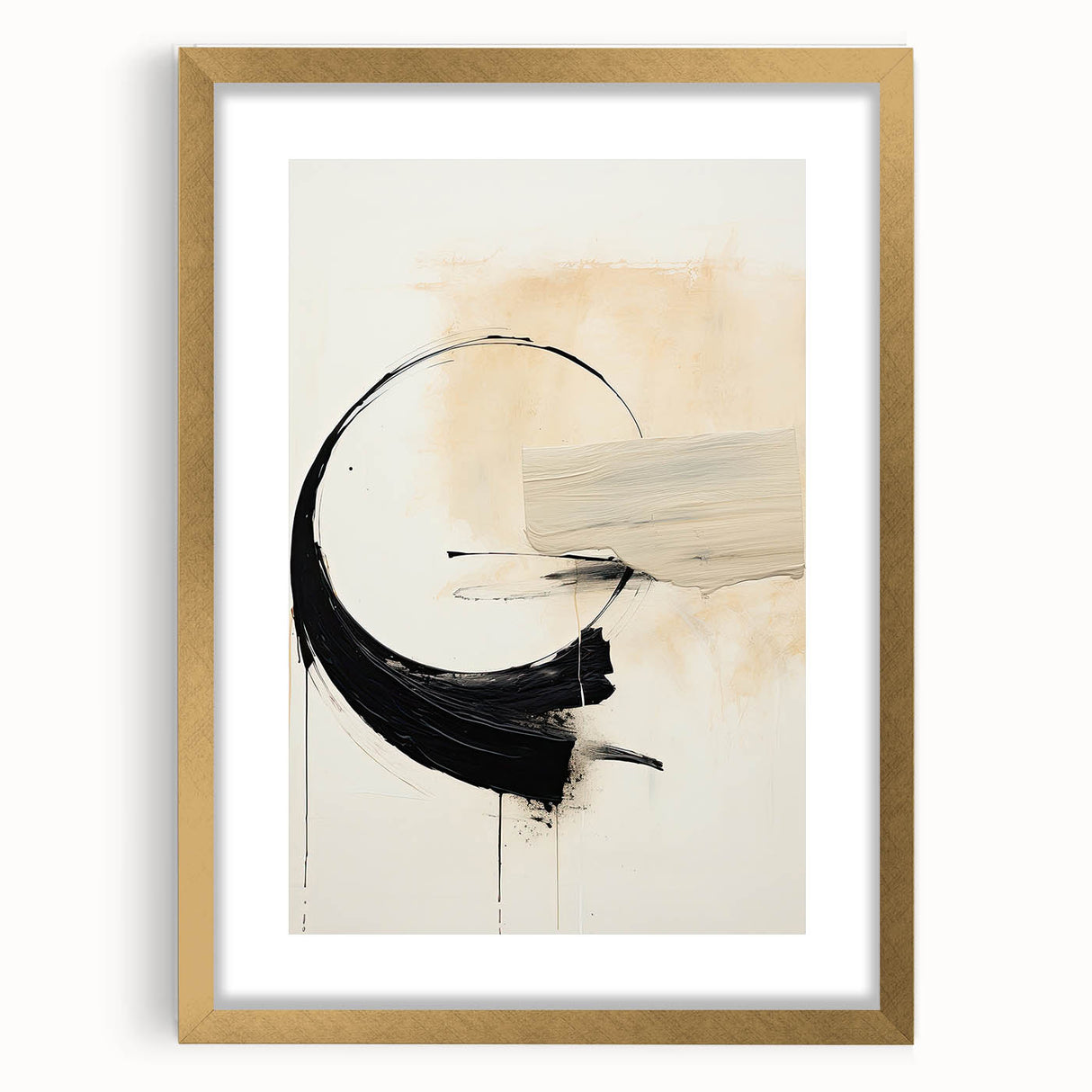 Abstract minimalist wall art featuring a gold frame and white mat, showcasing a modern design ideal for contemporary home decor, enhancing any living space.