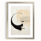 Abstract minimalist wall art framed in silver with a white mat, showcasing geometric shapes and soft neutral tones, perfect for modern home decor.