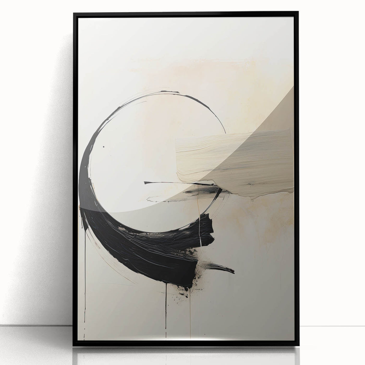 Abstract minimalist wall art framed in black acrylic, showcasing geometric shapes and soft color gradients, ideal for modern home decor and stylish interiors.
