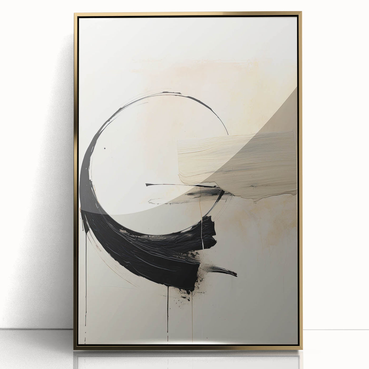 Framed acrylic wall art featuring a minimalist abstract design with gold accents, ideal for modern decor in living spaces or offices.