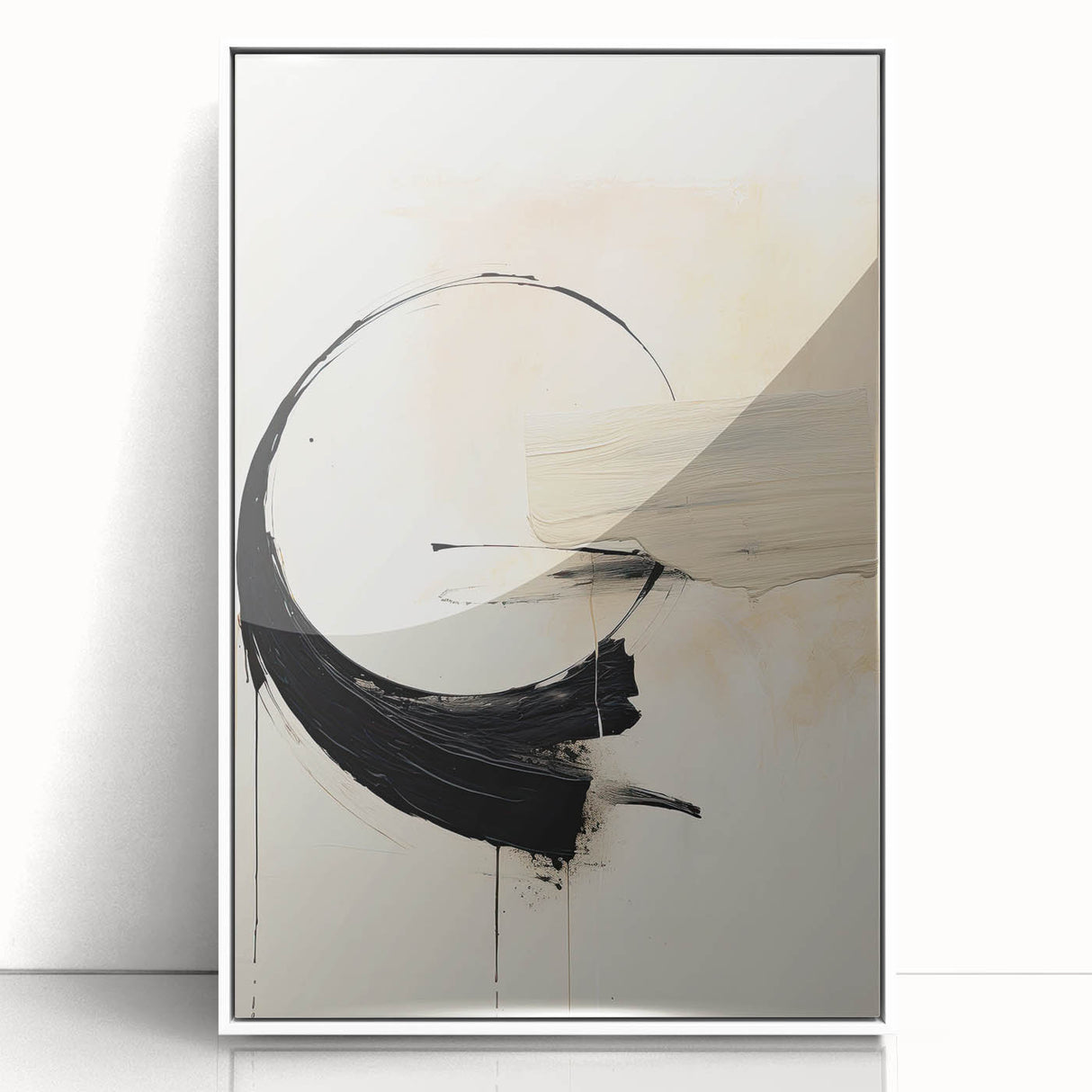 Abstract minimalist wall art featuring a framed acrylic design in white, showcasing geometric shapes and soft tones, perfect for modern home decor.