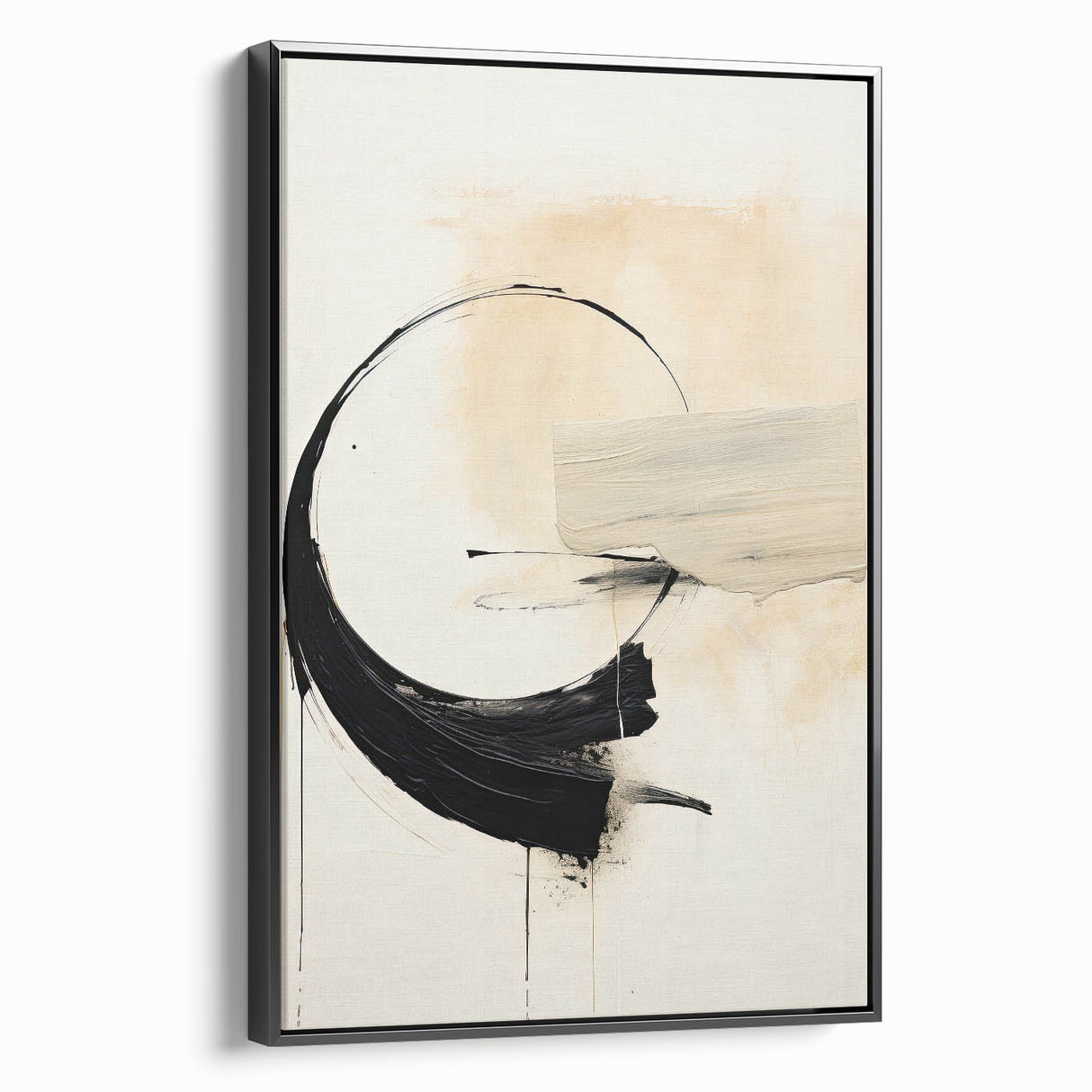 Framed abstract minimalist wall art in black, showcasing geometric shapes and a sleek design, perfect for modern home decor or office space enhancement.