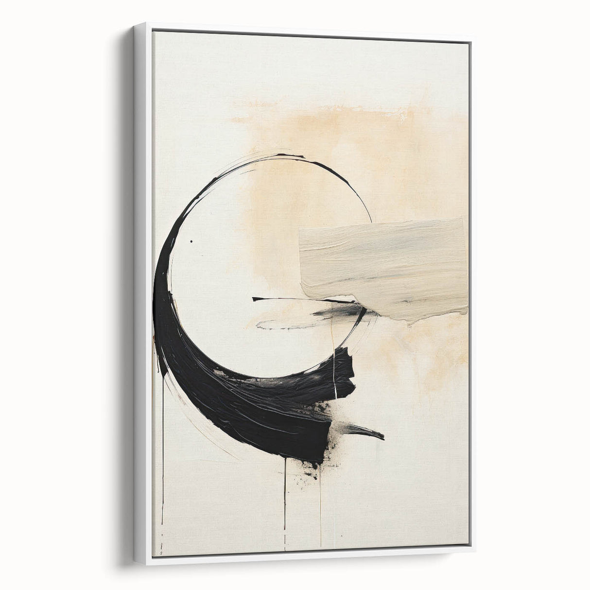 Framed minimalist wall art with an abstract design in soft white tones, showcasing a sleek side view that highlights its contemporary aesthetic, perfect for modern decor.