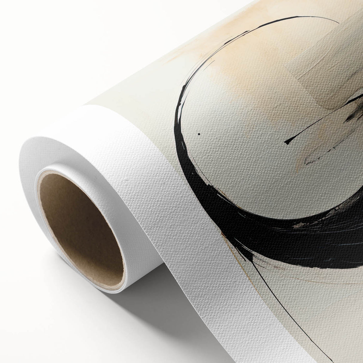 Abstract minimalist wall art on rolled canvas featuring soft pastel colors and geometric shapes, packaged securely in a cardboard tube for safe delivery.