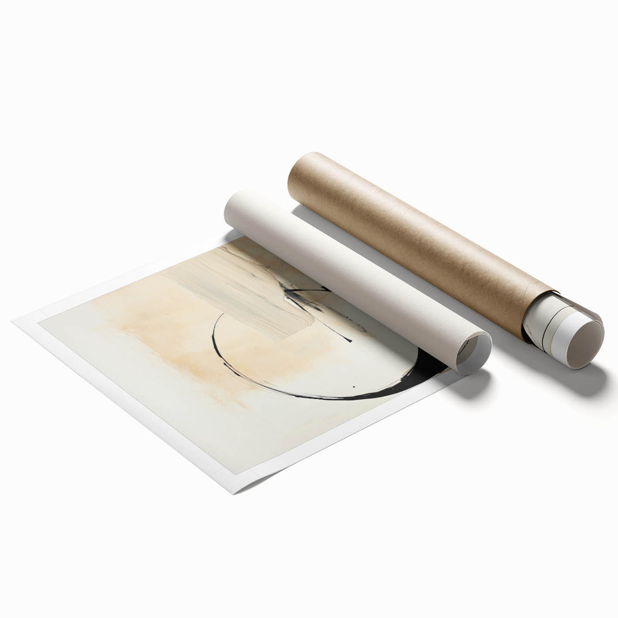 Abstract minimalist wall art print showcasing soft pastel colors and geometric shapes, rolled and packaged in a protective cardboard tube for easy display.