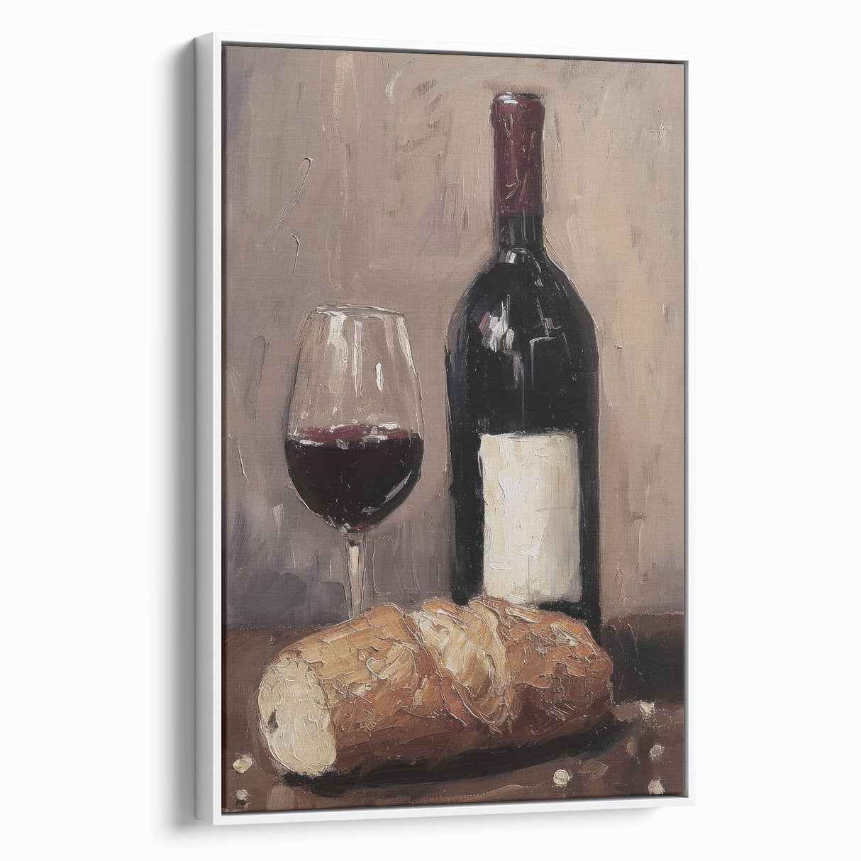 Landscape art painting of colorful, vintage-style food and drinks advertisement on black framed canvas.