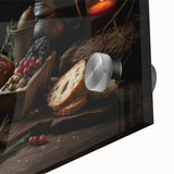 Large abstract wall art featuring assorted fruits in vibrant colors on acrylic glass, ideal for dining room decor.