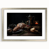 Textured art print of abstract fruits in muted earth tones, framed in silver, ideal for bedroom decor.