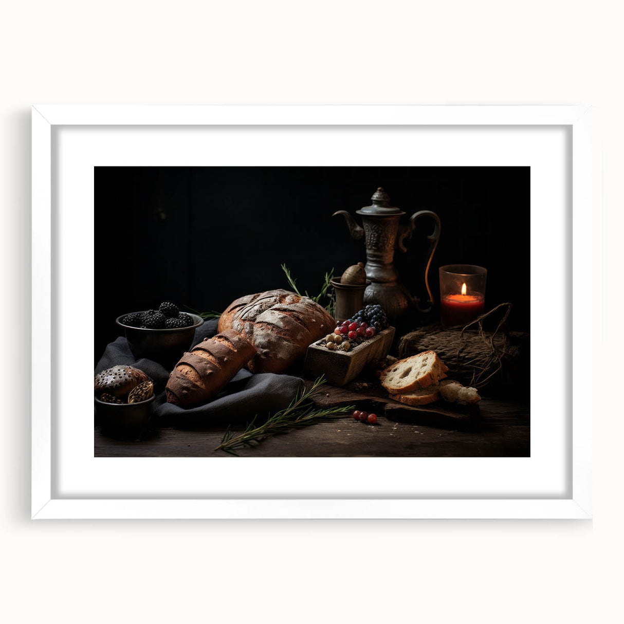 Abstract art print featuring assorted fruits in vibrant colors, framed in white, suitable for dining room decor.