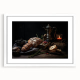 Abstract art print featuring assorted fruits in vibrant colors, framed in white, suitable for dining room decor.