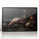 Large abstract wall art featuring assorted fruits in bold colors on a black acrylic framed print.