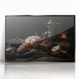 Mid-century modernist art featuring an array of fruits in vibrant colors on a silver-framed acrylic print.