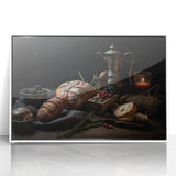 Acrylic print of colorful fruits in art deco style, framed in white, suitable for modern nursery decor.