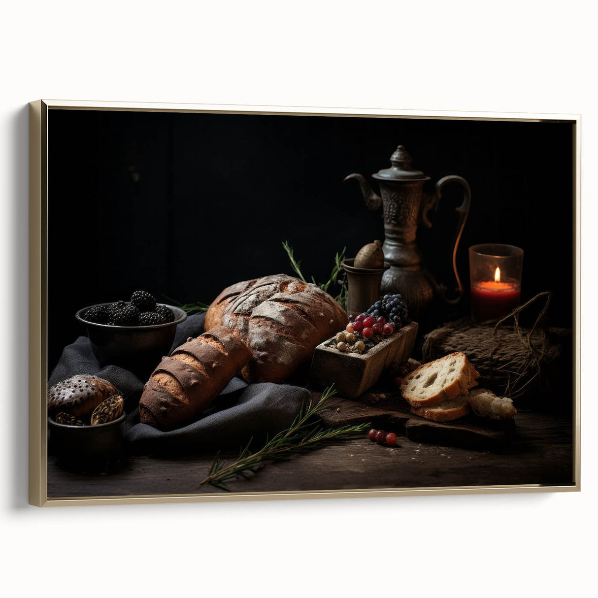 Framed canvas depicting a vintage poster of assorted fruits in muted earth tones, ideal for bedroom wall art.