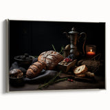 Landscape art painting of colorful fruits on a black background, framed canvas, ideal for kitchen wall decor.