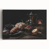 Black and white stretched canvas featuring a large, detailed illustration of assorted fruits, ideal for kitchen wall art.