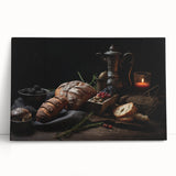 Large black and white stretched canvas featuring an assortment of fruits, ideal for kitchen wall art.