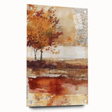 Large abstract wall art depicting fall season in vibrant orange and brown tones on acrylic glass.
