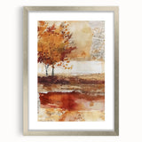 Textured art print with abstract patterns in warm autumnal shades on a silver-framed canvas, suitable for bedroom decor.