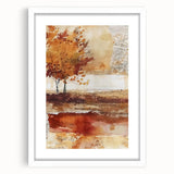 Abstract art print featuring fall-inspired hues on a white-framed canvas, ideal for dining room decor.