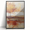 Large abstract wall art featuring fall-themed colors in mid-century modernist style, framed in black acrylic.
