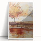 Art deco poster depicting a stylized autumn tree in warm orange and yellow tones, framed acrylic.