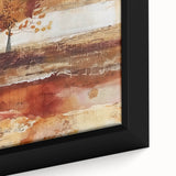 Extra large framed canvas featuring textured, colorful art of a fall scene in muted earth tones, ideal for living room decor.