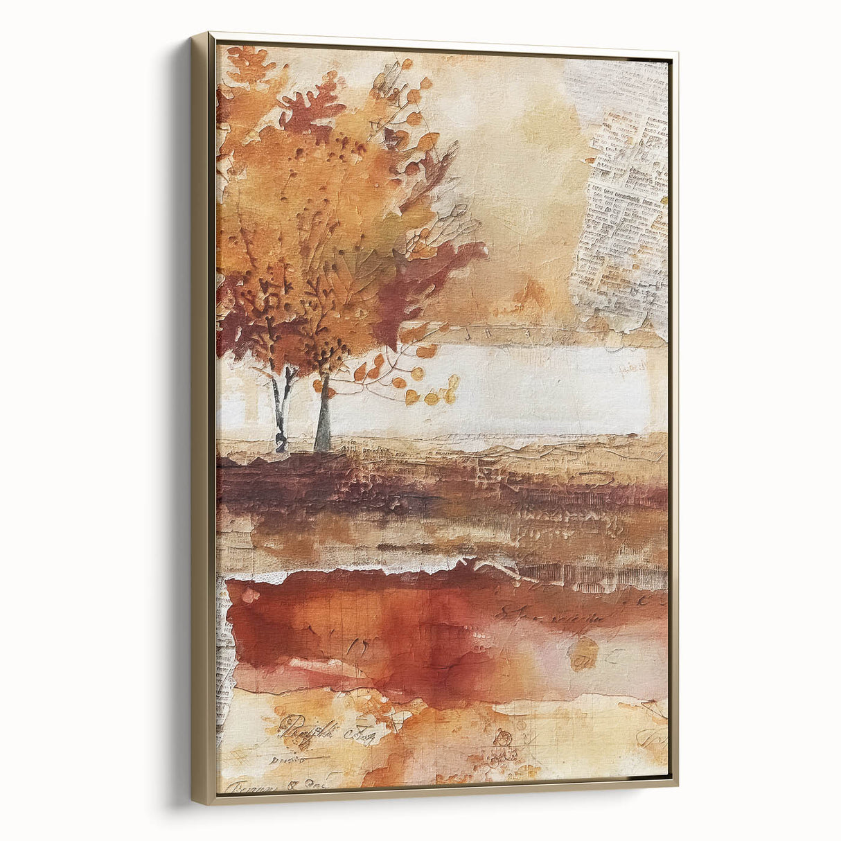 Framed canvas featuring a vintage-style landscape painting with autumnal trees and a black border, ideal for bedroom decor.
