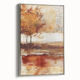 Framed canvas featuring a vintage landscape art painting of fall trees in vibrant orange and red tones.