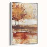 Vintage poster art of a fall landscape on framed canvas, featuring a blend of orange and brown tones.