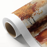 Art deco poster featuring autumnal trees on rolled canvas, with warm orange and brown tones, ideal for nursery wall decor.