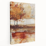 Large canvas with a stylized depiction of autumn trees in orange and red tones, ideal for kitchen wall art.