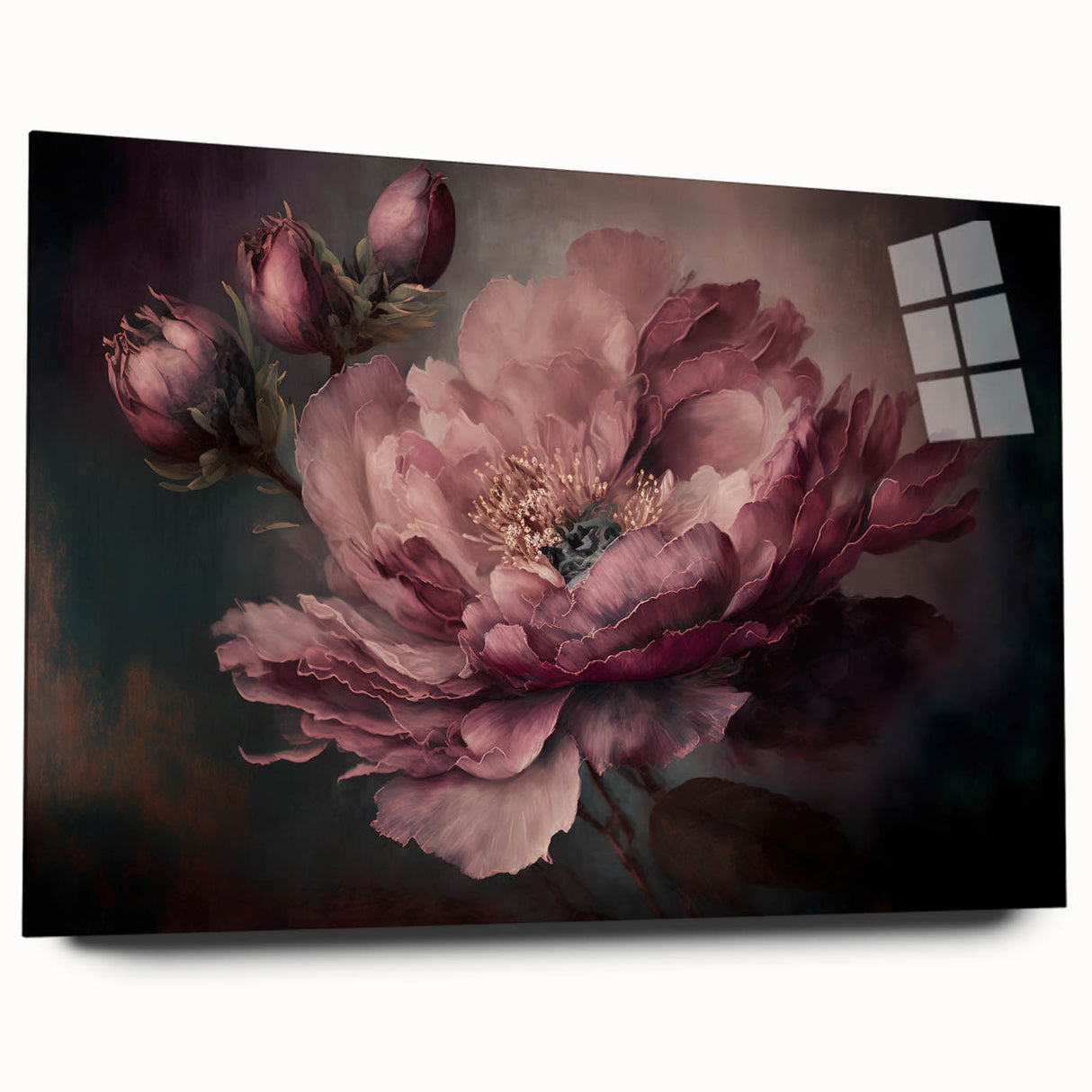Abstract floral acrylic glass art piece showcasing vibrant colors and intricate patterns, viewed from the side. Ideal for modern home decor and wall accents.