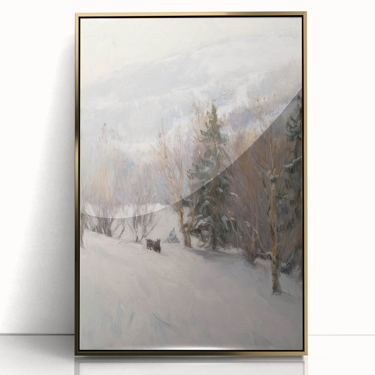 Framed abstract floral artwork in vibrant colors of pink, blue, and gold, set against a sleek acrylic background, ideal for modern home decor.