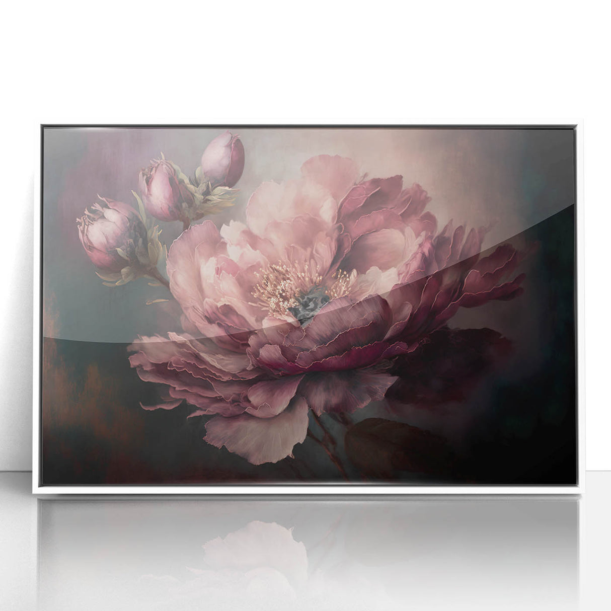 Framed acrylic artwork showcasing vibrant abstract floral designs in a white frame, perfect for modern home decor or office aesthetics, enhancing any space with color and elegance.