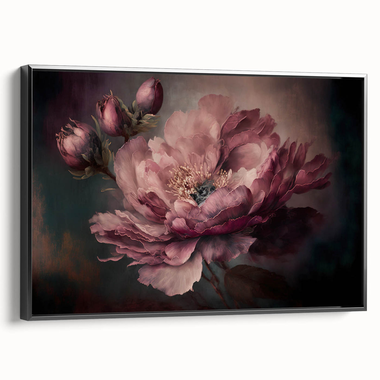 Framed canvas showcasing an abstract floral design with vibrant colors and intricate patterns, viewed from the side, highlighting its modern aesthetic and black frame. Perfect for enhancing contemporary home decor.