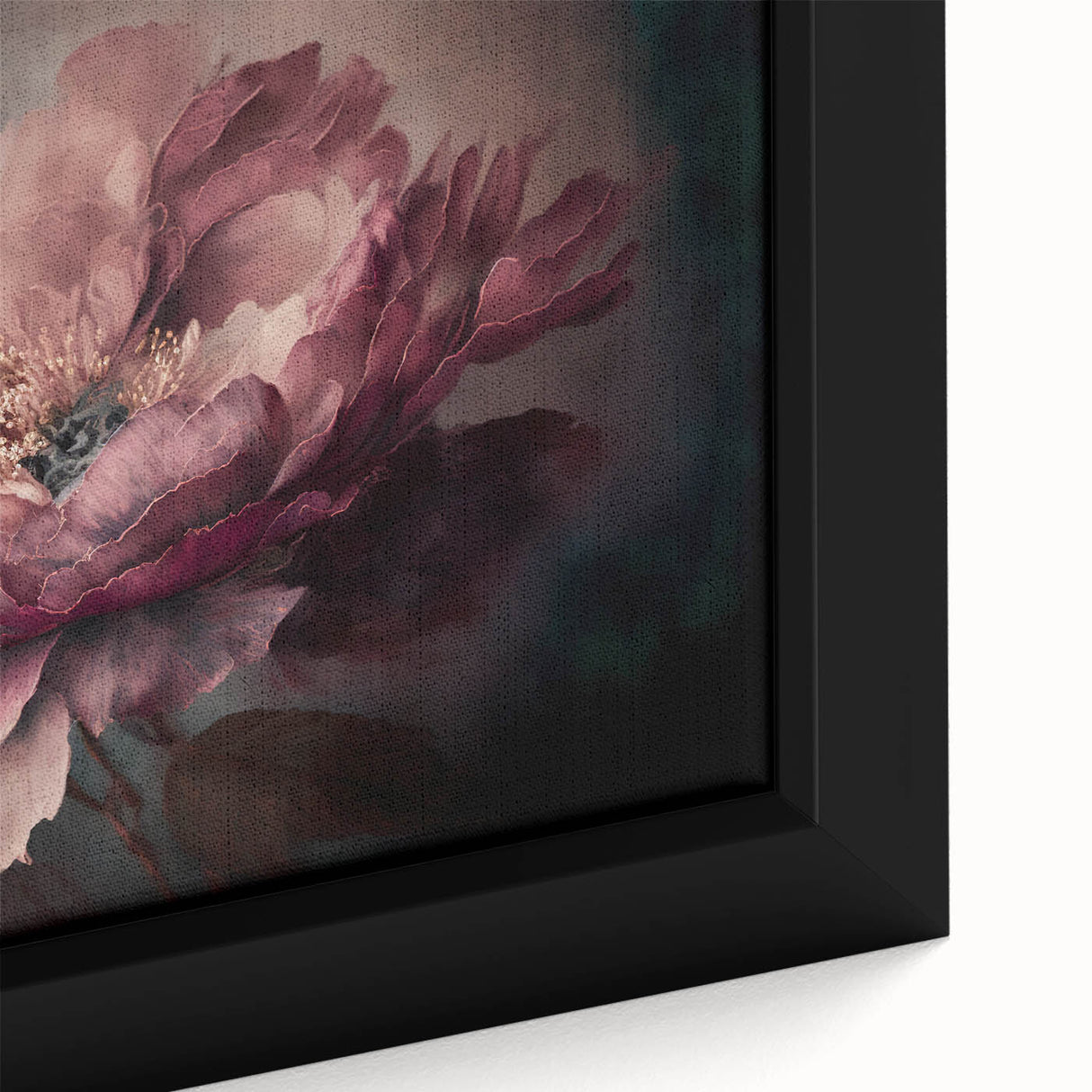 Close-up of a vibrant abstract floral framed canvas featuring intricate brushstrokes in shades of blue, pink, and gold, perfect for modern home decor.
