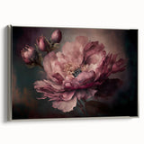 Framed canvas artwork showcasing an abstract floral design with vibrant colors and silver framing, perfect for modern home decor and enhancing interior aesthetics.