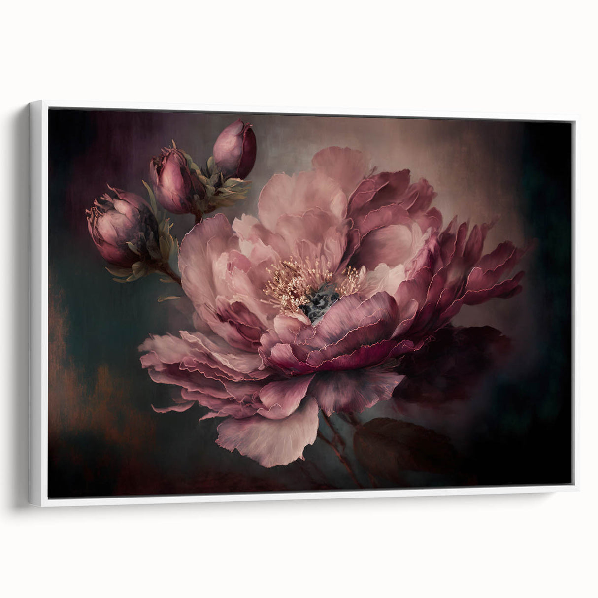 Framed abstract floral canvas art in white, showcasing vibrant colors and intricate patterns, perfect for modern home decor. Side view highlights its elegant design and sturdy frame.