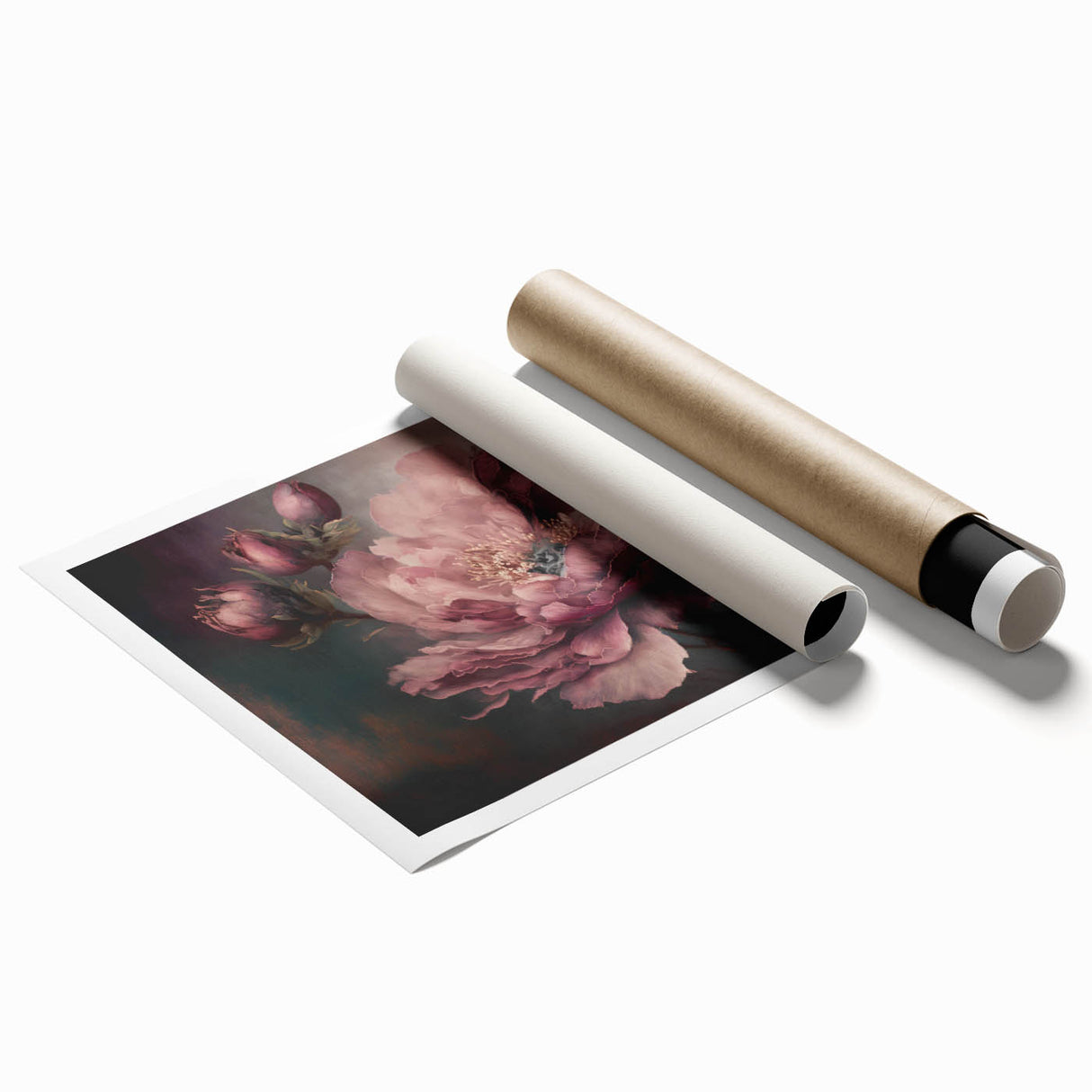 Colorful abstract floral design on a rolled canvas print, showcasing vibrant hues of pink, green, and blue, perfect for modern home decor. Packaged securely in a cardboard tube for easy transport and display.