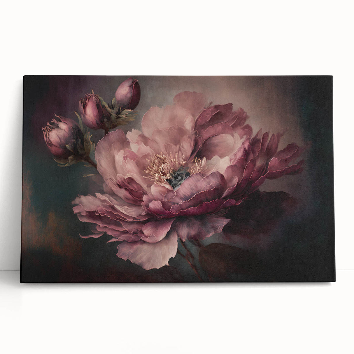 Vibrant abstract floral stretched canvas artwork showcasing intricate designs in bold colors, elegantly leaning against a neutral wall, perfect for modern decor.