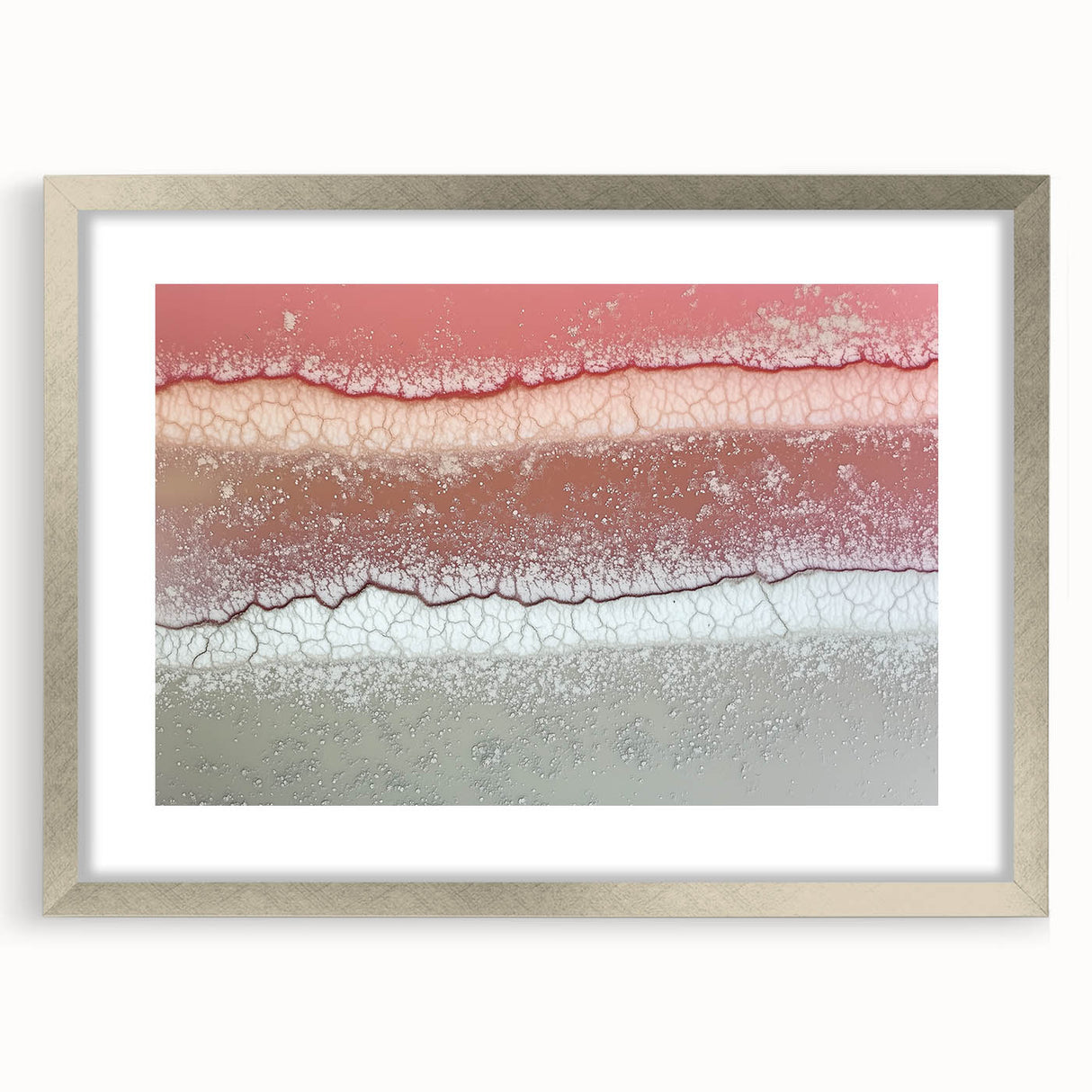 Abstract landscape artwork framed in a sleek silver frame with a white mat, showcasing vibrant hues of blue and green, perfect for modern home decor.
