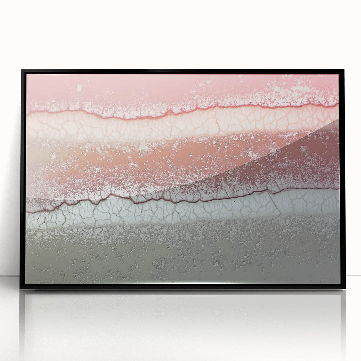 Framed acrylic artwork showcasing an abstract landscape in shades of blue and green, designed with a sleek black frame, perfect for modern home decor.