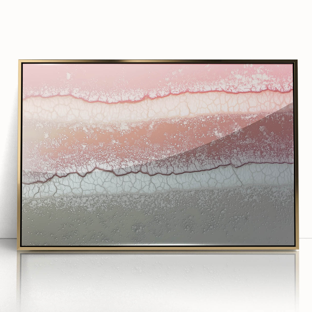 Abstract landscape artwork in a gold-framed acrylic display, showcasing vibrant colors and dynamic shapes, perfect for modern home decor and enhancing interior aesthetics.